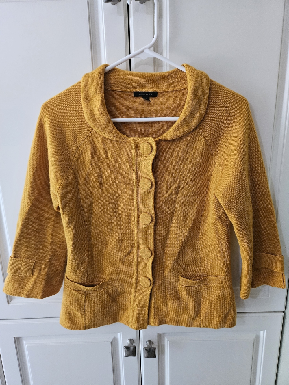 Semantiks 100% Merino Wool Mustard Yellow Button Down Knit Cardigan 60s Retro